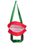 Red cooler with green strap on a white background