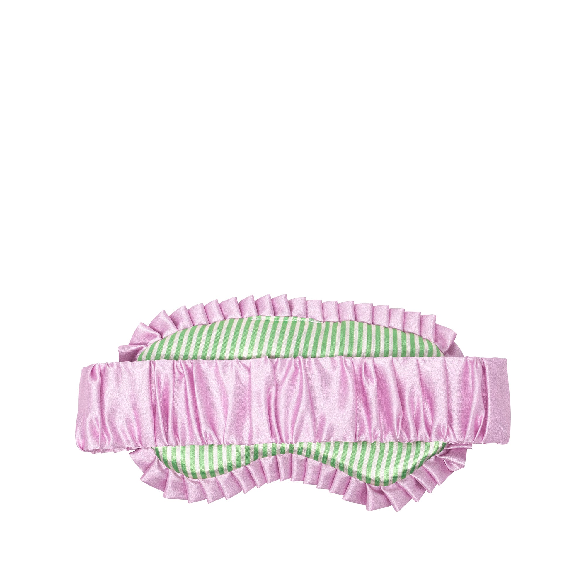 A pink satin sleep mask with ruffled trim and a green and white striped inner lining, shown against a plain white background.