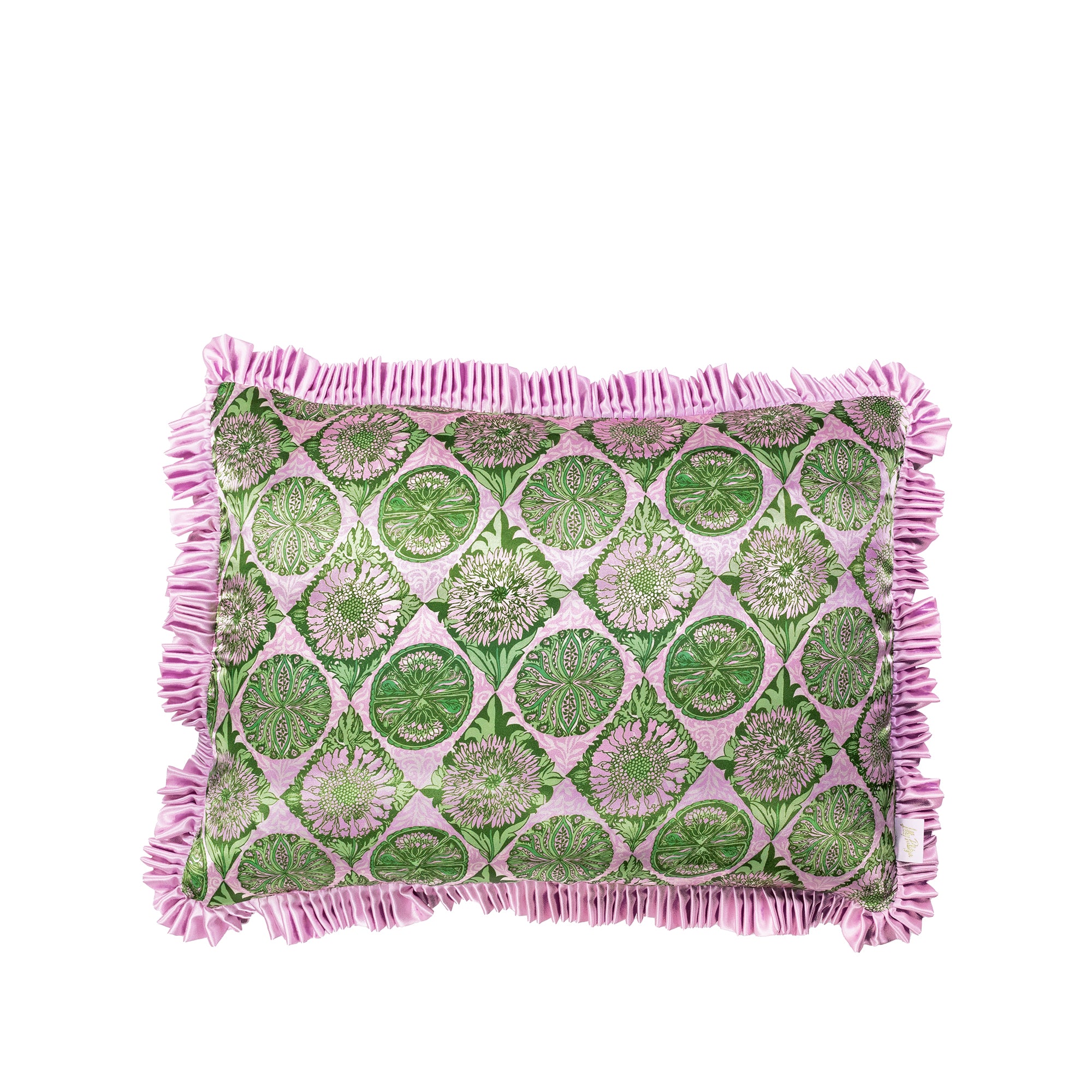 A decorative throw pillowcase with a pink and green botanical pattern and fringed edges, shown against a plain white background.