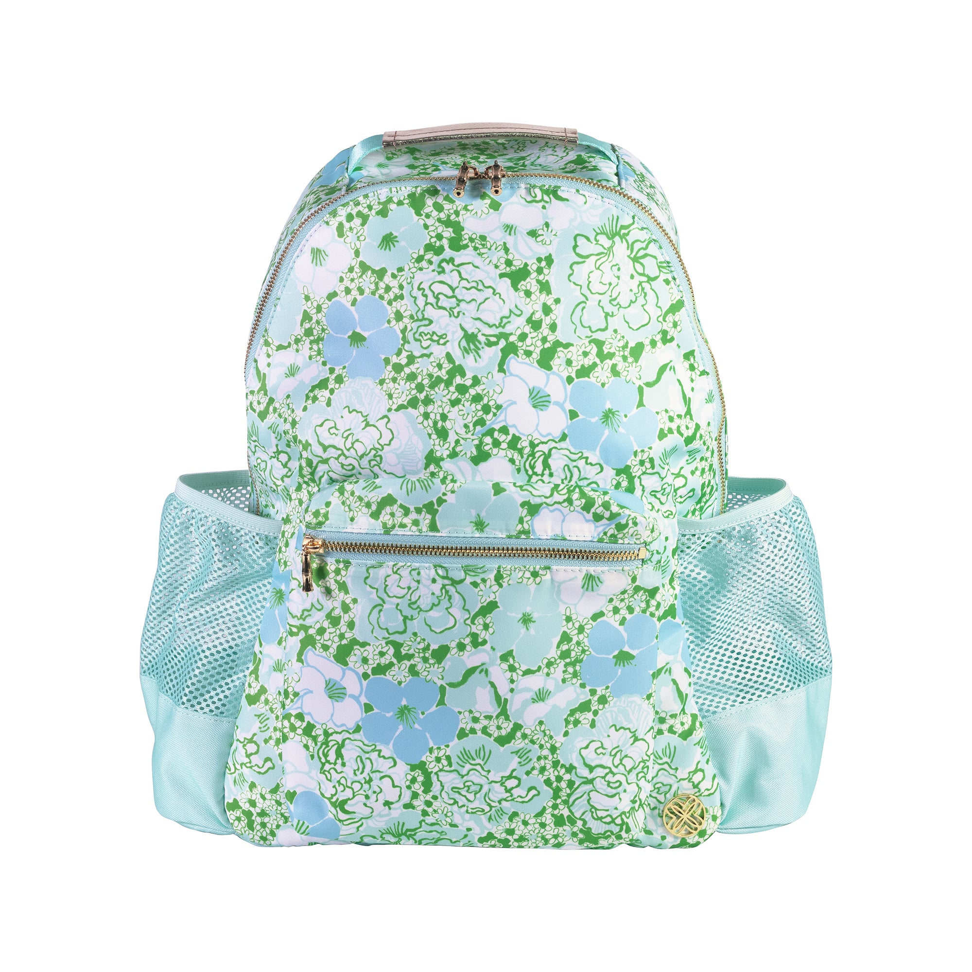 Floral-patterned backpack with a matching pouch on a white background