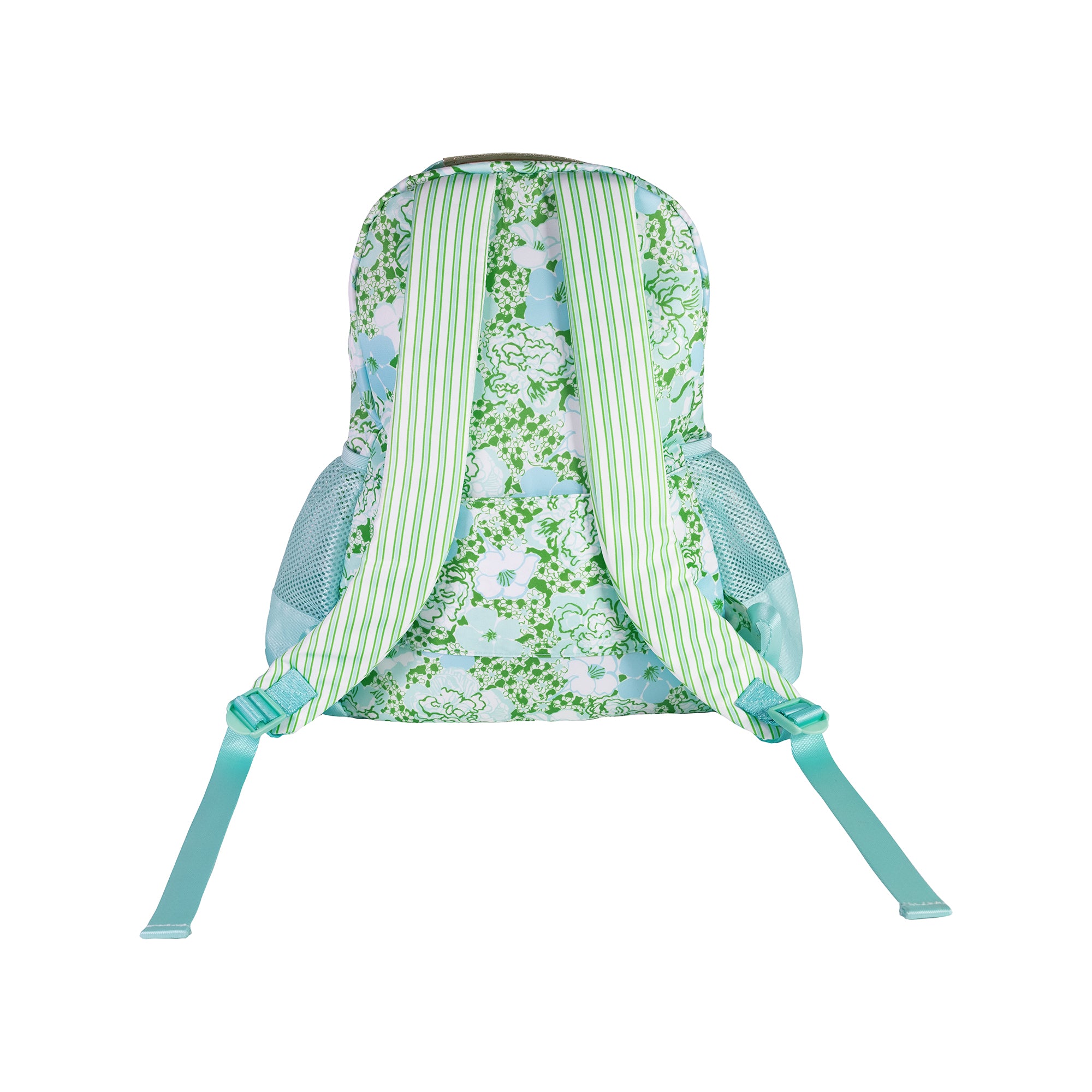 Backpack with floral and striped pattern on a white background