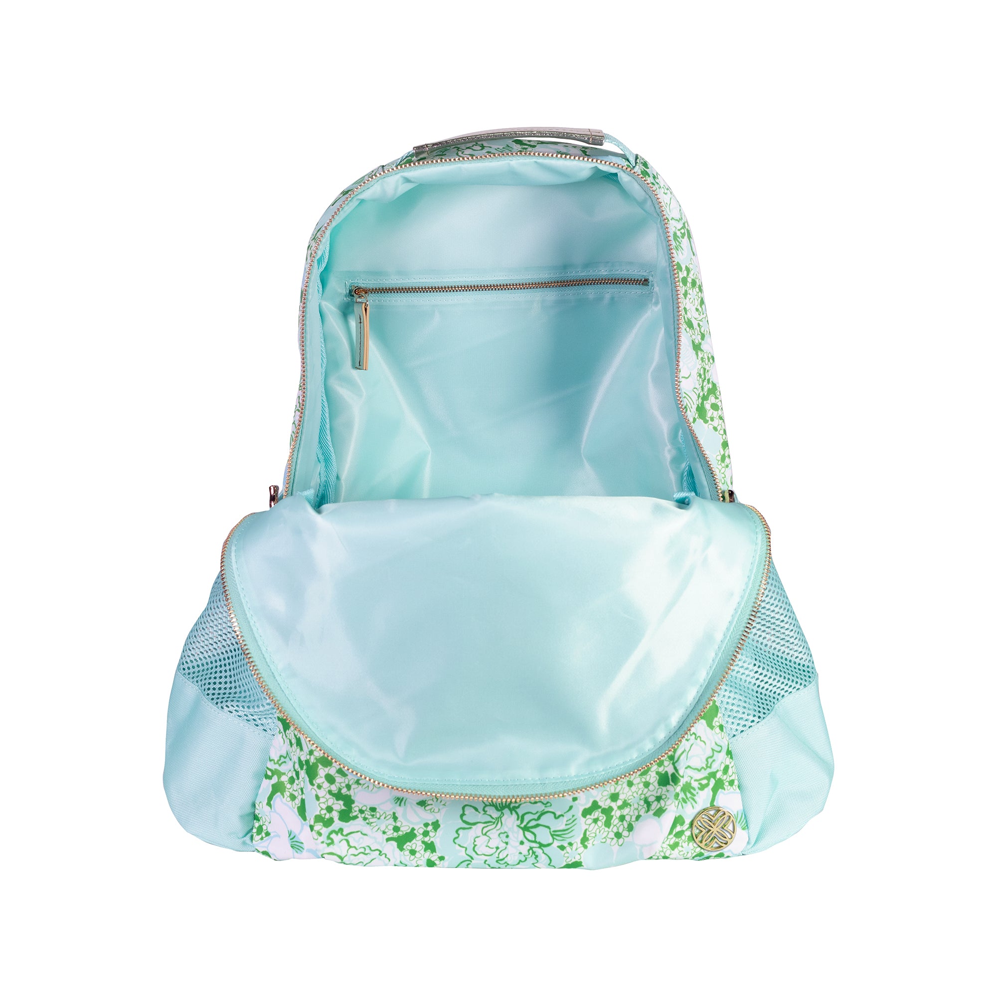 Light blue backpack with floral pattern on a white background