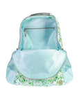 Light blue backpack with floral pattern on a white background