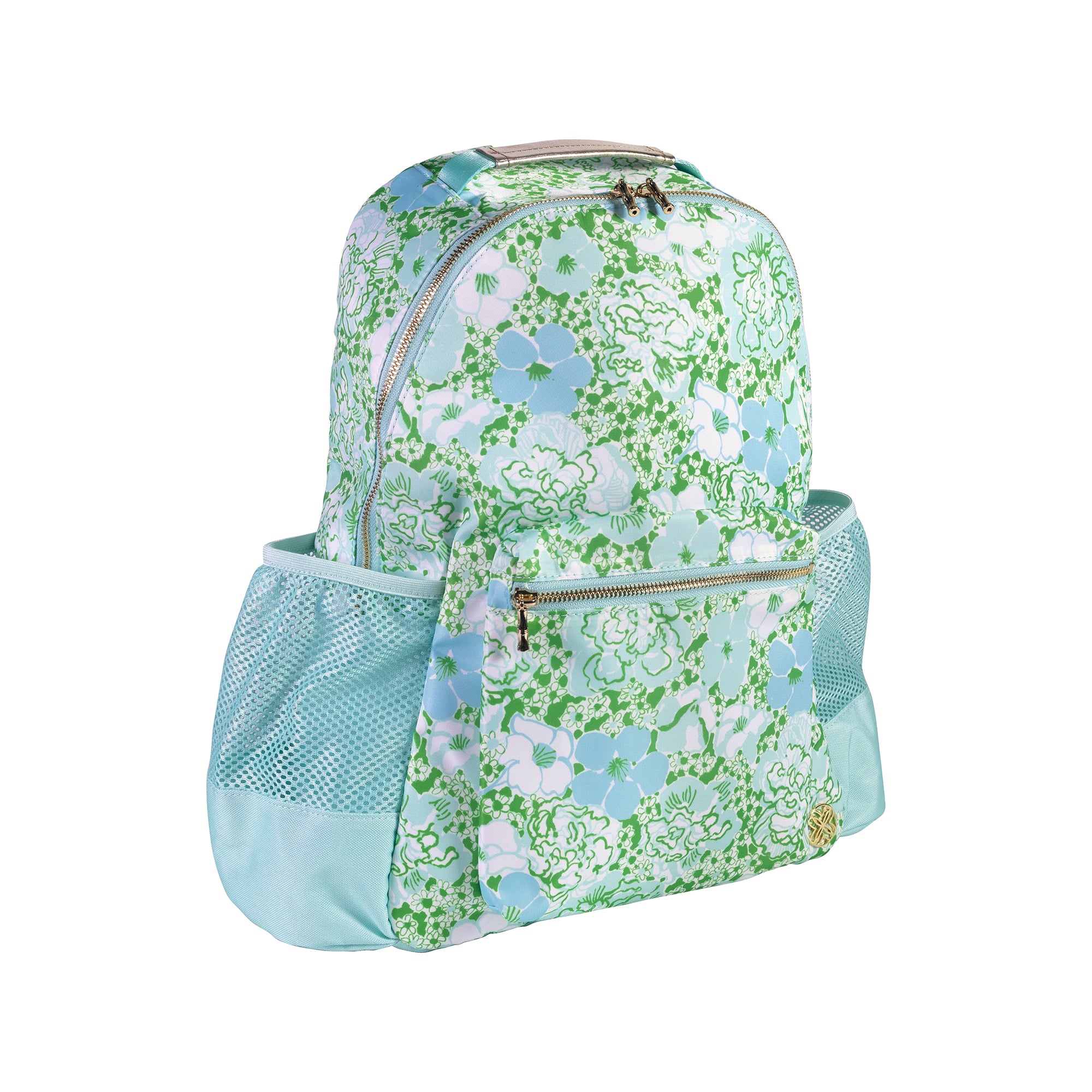Floral patterned backpack with a mesh side pocket on a white background