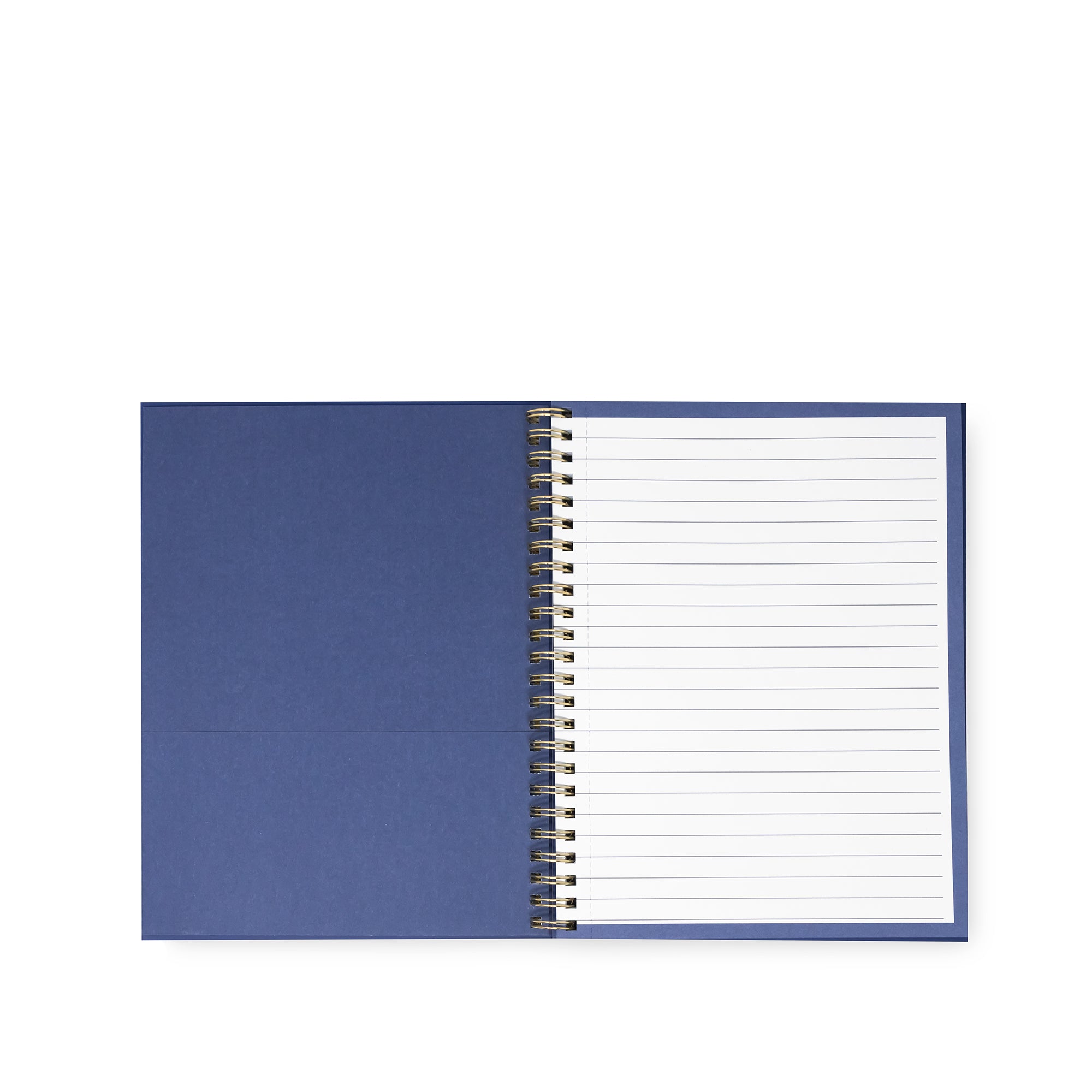 A blue spiral-bound notebook with lined white pages, shown open against a plain white background.