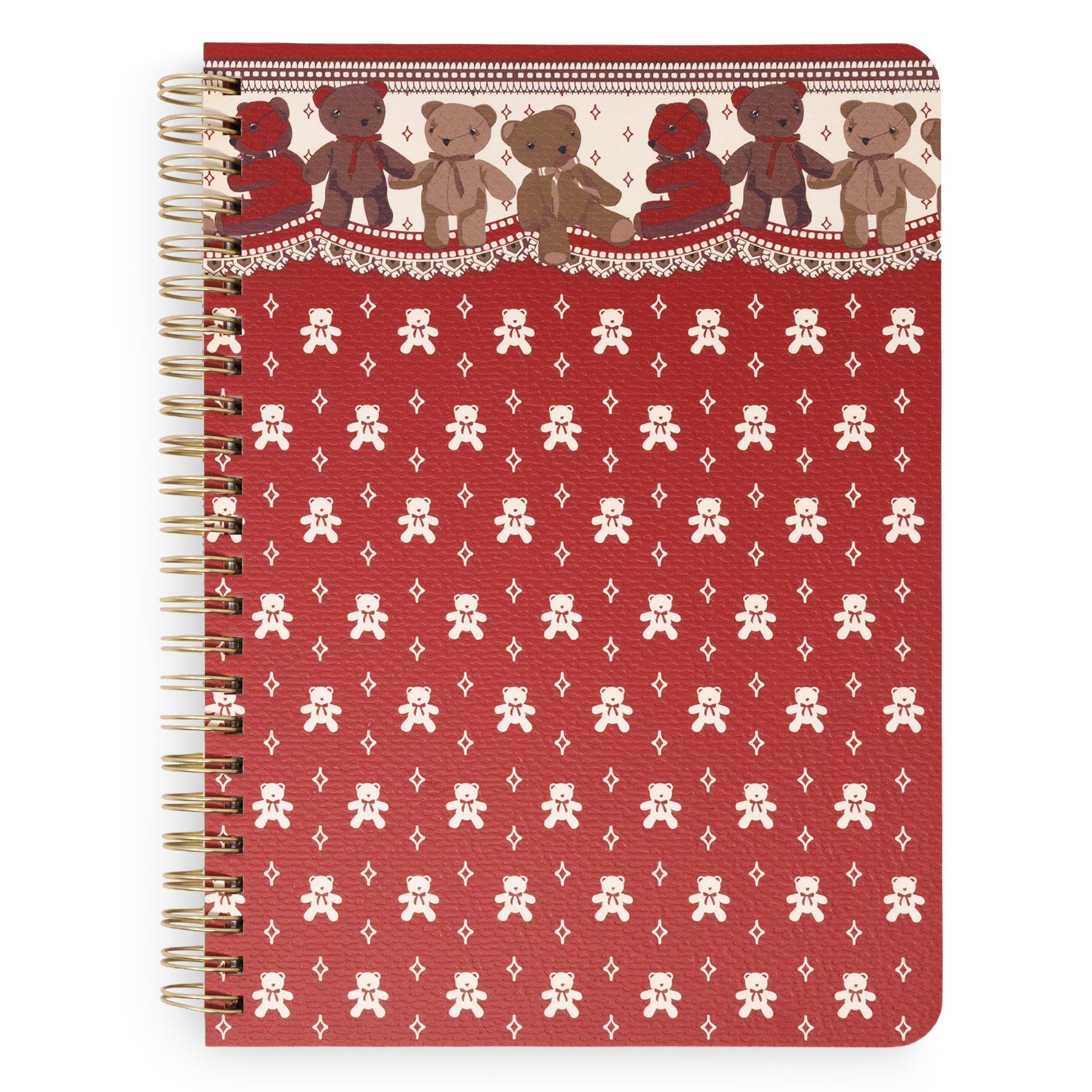A spiral-bound notebook with a red cover featuring a repeating teddy bear print and border shown on a plain white background.