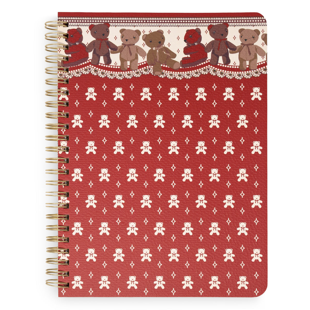 A spiral-bound notebook with a red cover featuring a repeating teddy bear print and border shown on a plain white background.