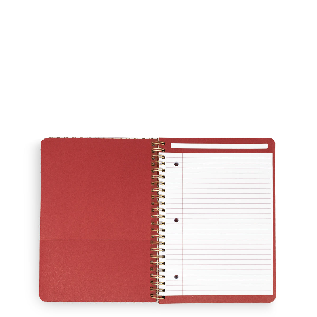 A red spiral-bound notebook shown open on a plain white background, with lined pages visible and a small white label area on the right page.