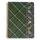 A spiral-bound notebook with a green plaid cover and a decorative vertical border featuring paisley motifs in purple, green, and gold, shown on a plain white background.