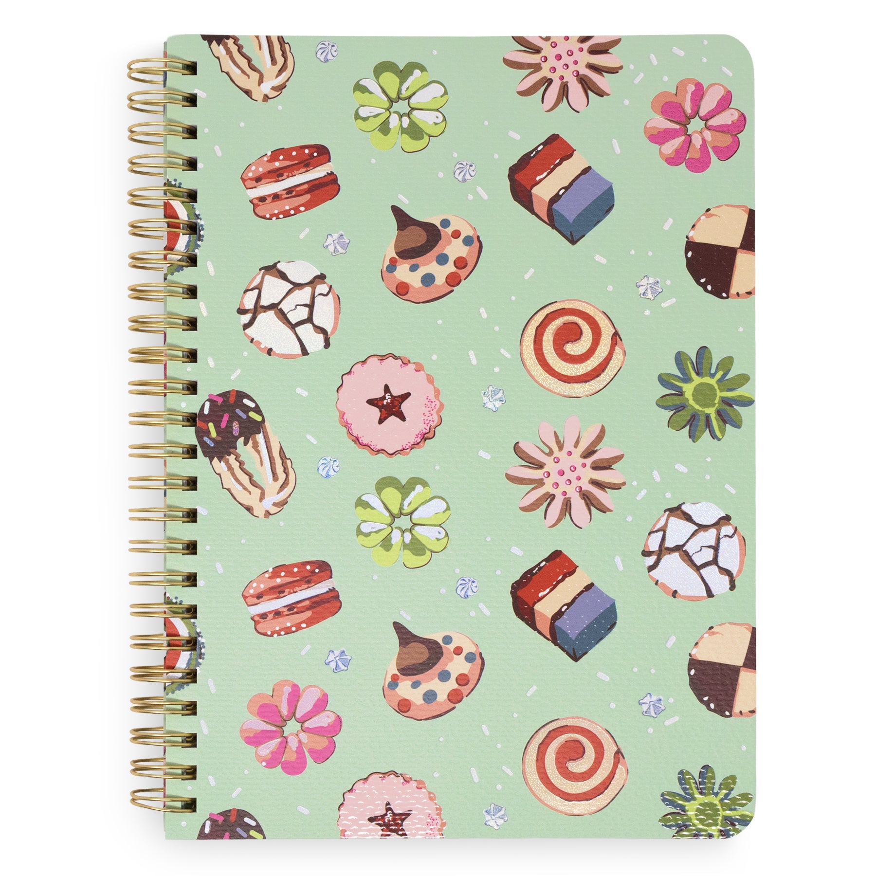 A spiral-bound notebook with a light mint green cover decorated with a colorful pattern of sweets, flowers, and cookies. The notebook has a gold-tone spiral binding on the left side and is photographed against a plain white background.