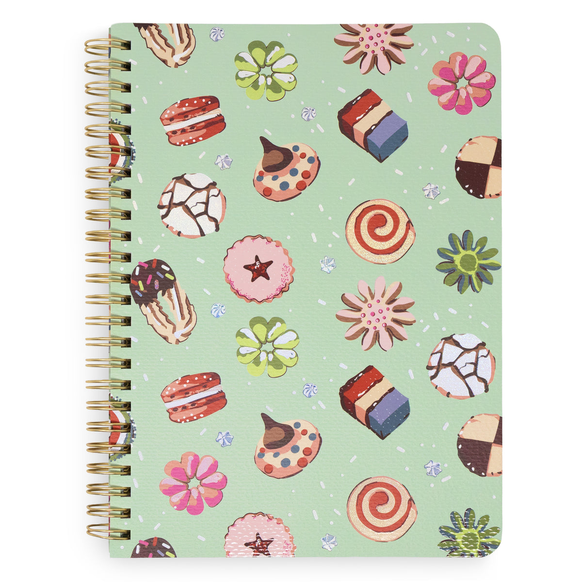 A spiral-bound notebook with a light mint green cover decorated with a colorful pattern of sweets, flowers, and cookies. The notebook has a gold-tone spiral binding on the left side and is photographed against a plain white background.