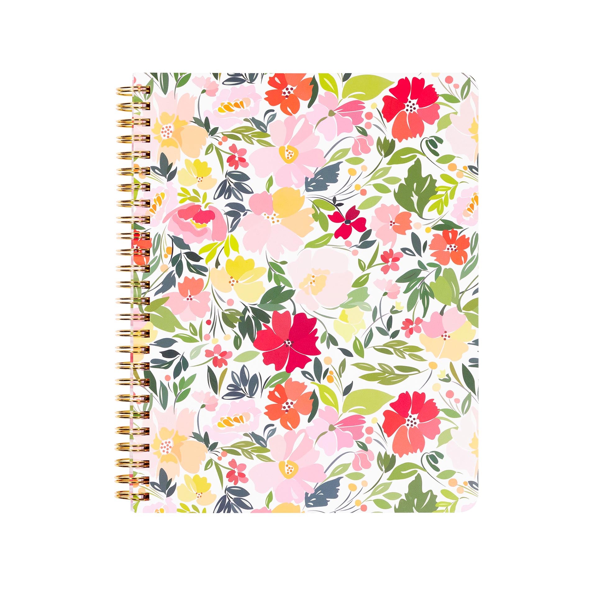 Floral patterned notebook with gold spiral binding on a white background