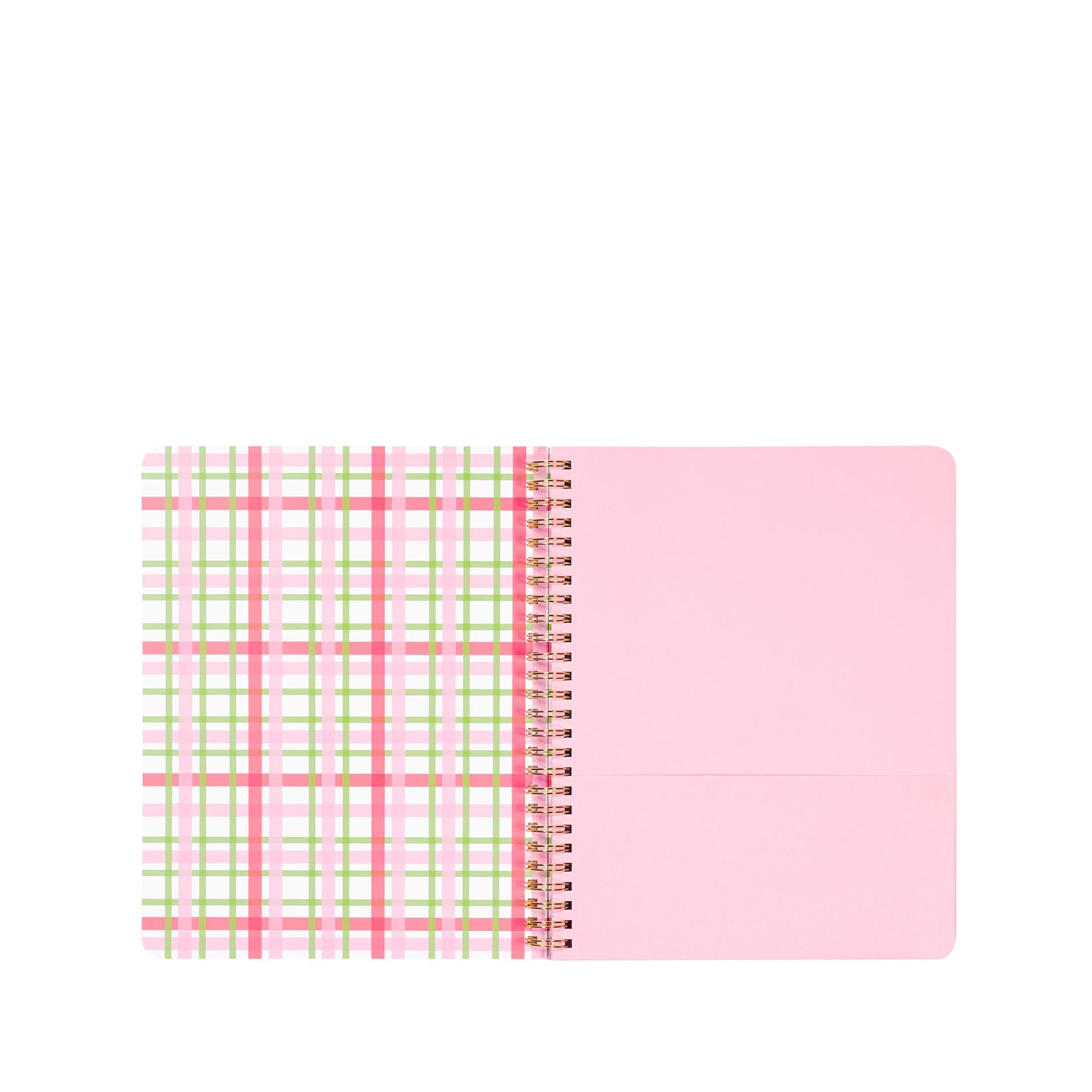 Notebook with pink and green plaid design on a white background