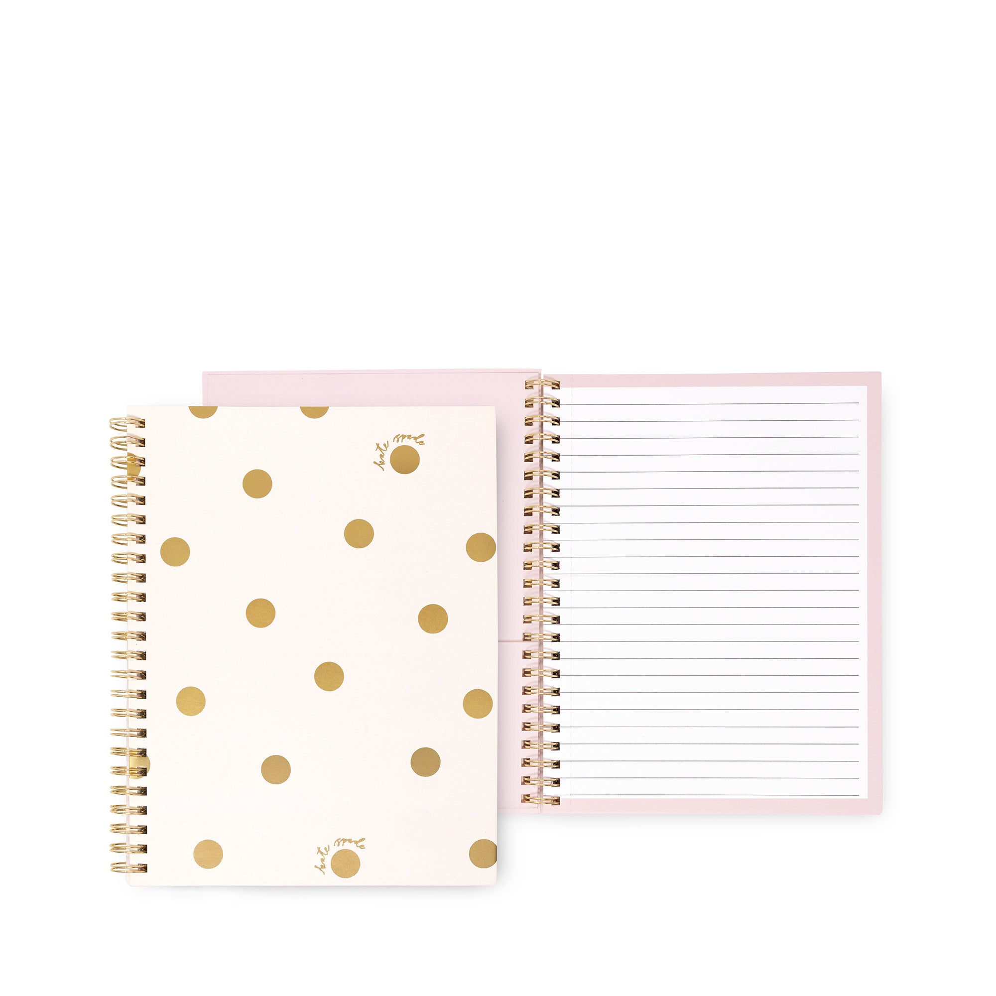 A spiral-bound notebook with a cream cover decorated with gold polka dots and small gold floral details, shown next to an open lined notebook page with a light pink border.