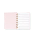 A light pink spiral-bound notebook shown open on a clean white background, with blank and lined pages visible.