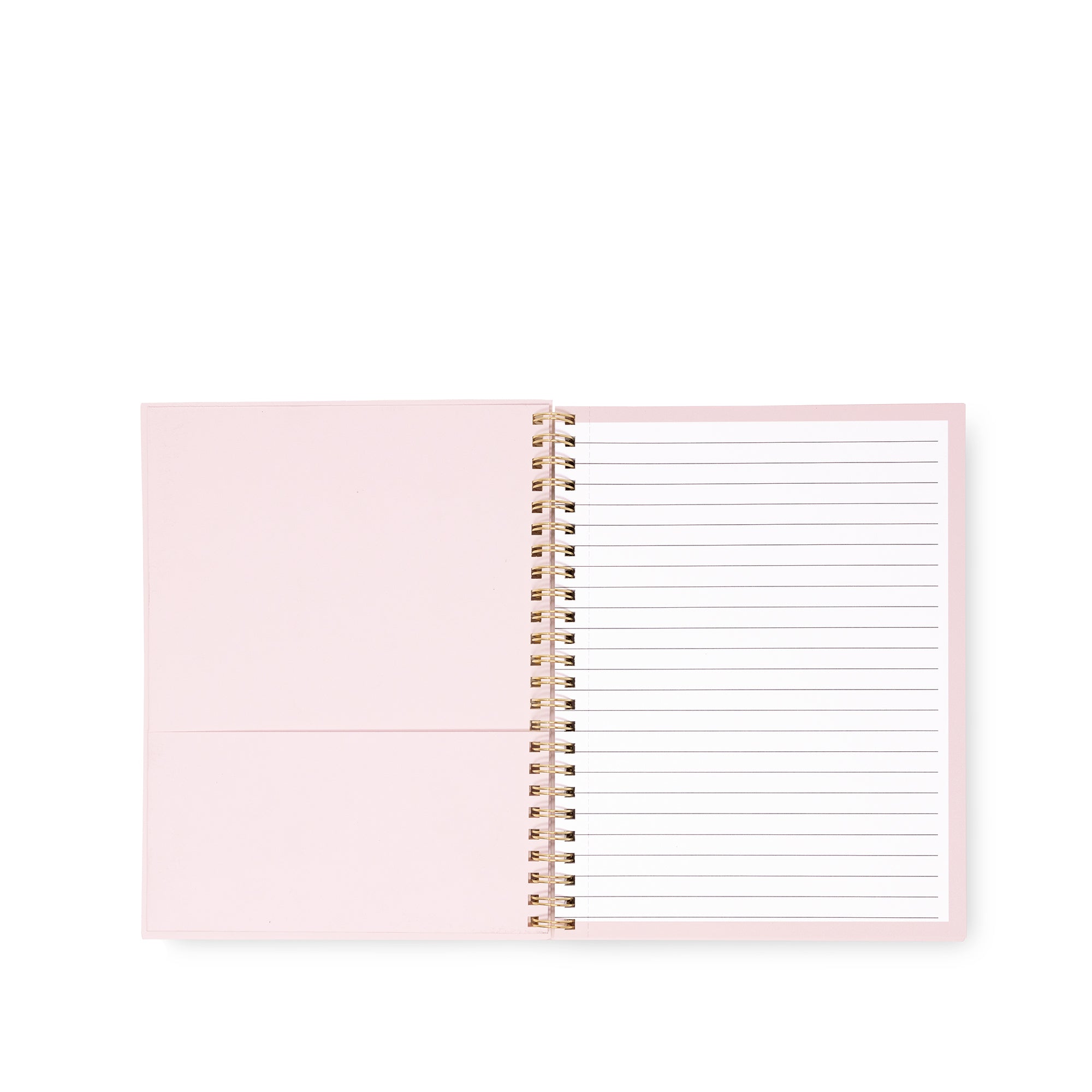 A light pink spiral-bound notebook shown open on a clean white background, with blank and lined pages visible.