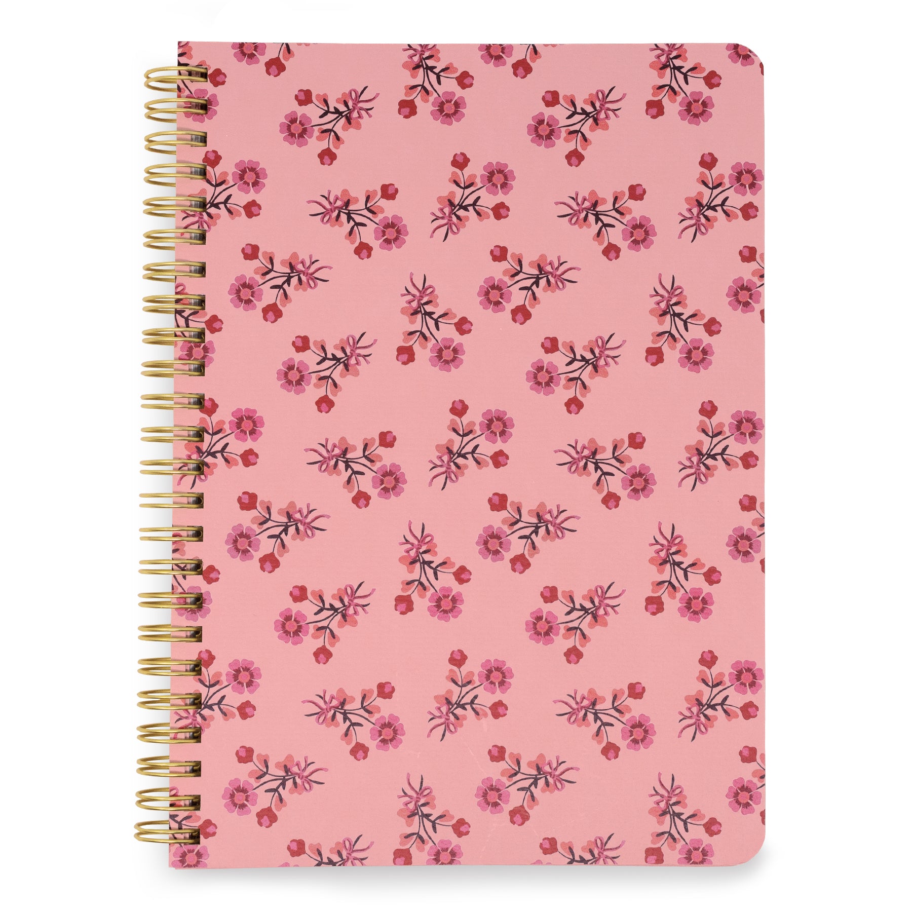 A pink spiral notebook with a repeating watercolor floral pattern in shades of red and purple, bound with gold wire on a white background.