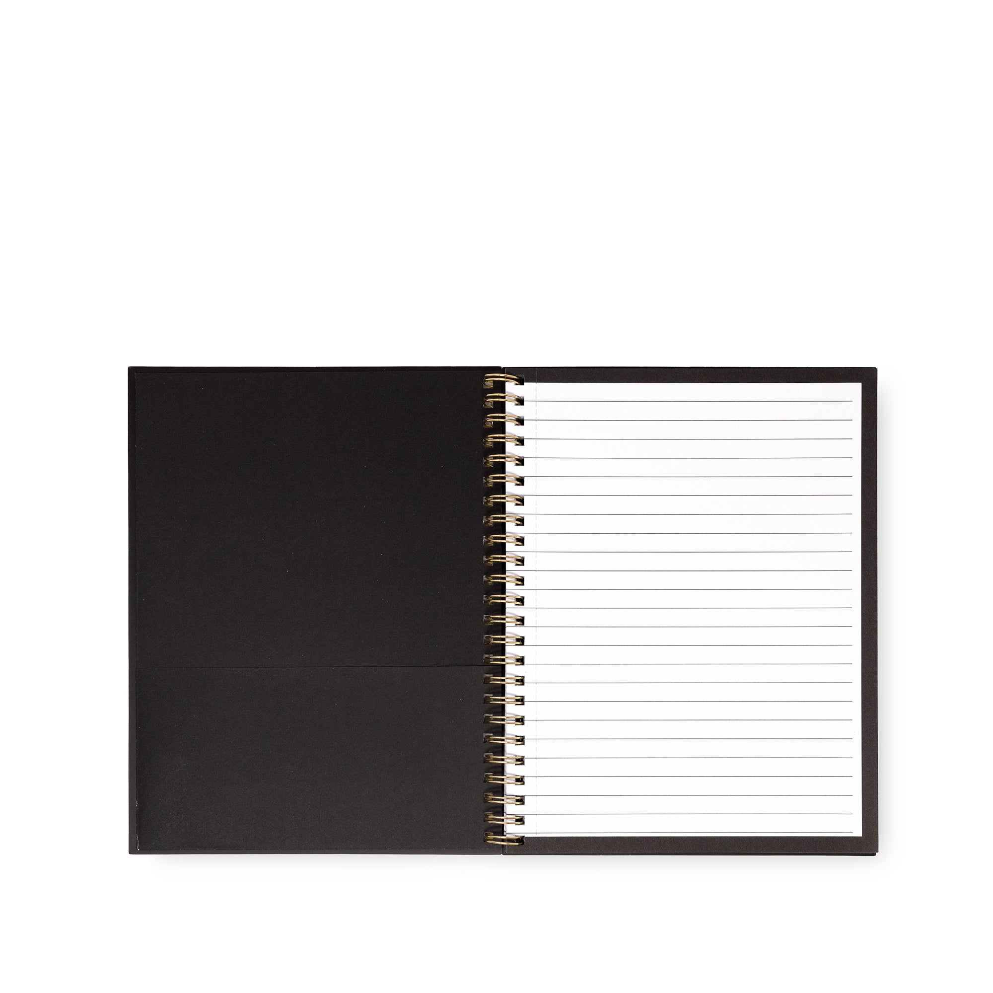 A black spiral-bound notebook shown open on a plain white background, with lined white pages visible on the right and a plain black cover on the left.