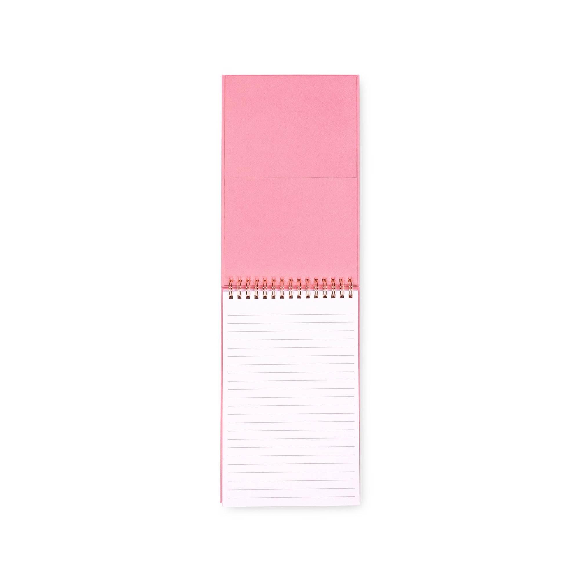 Pink notepad with lined pages on a white background