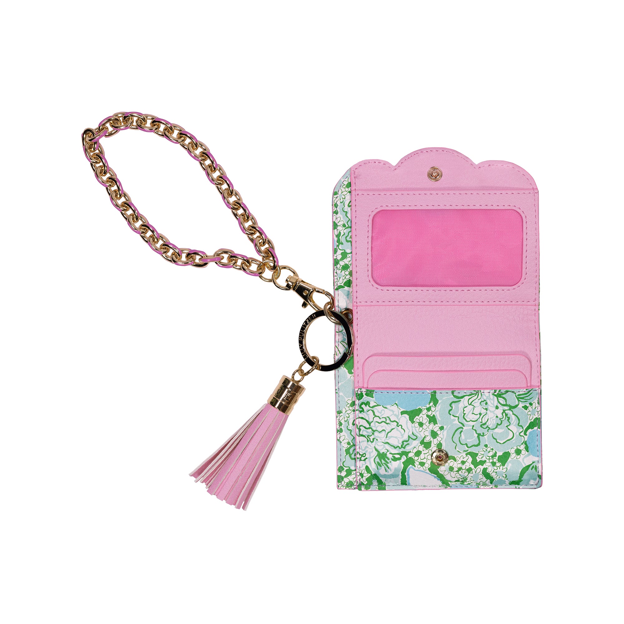 Floral patterned wallet with pink interior, gold chain, and tassel on a white background