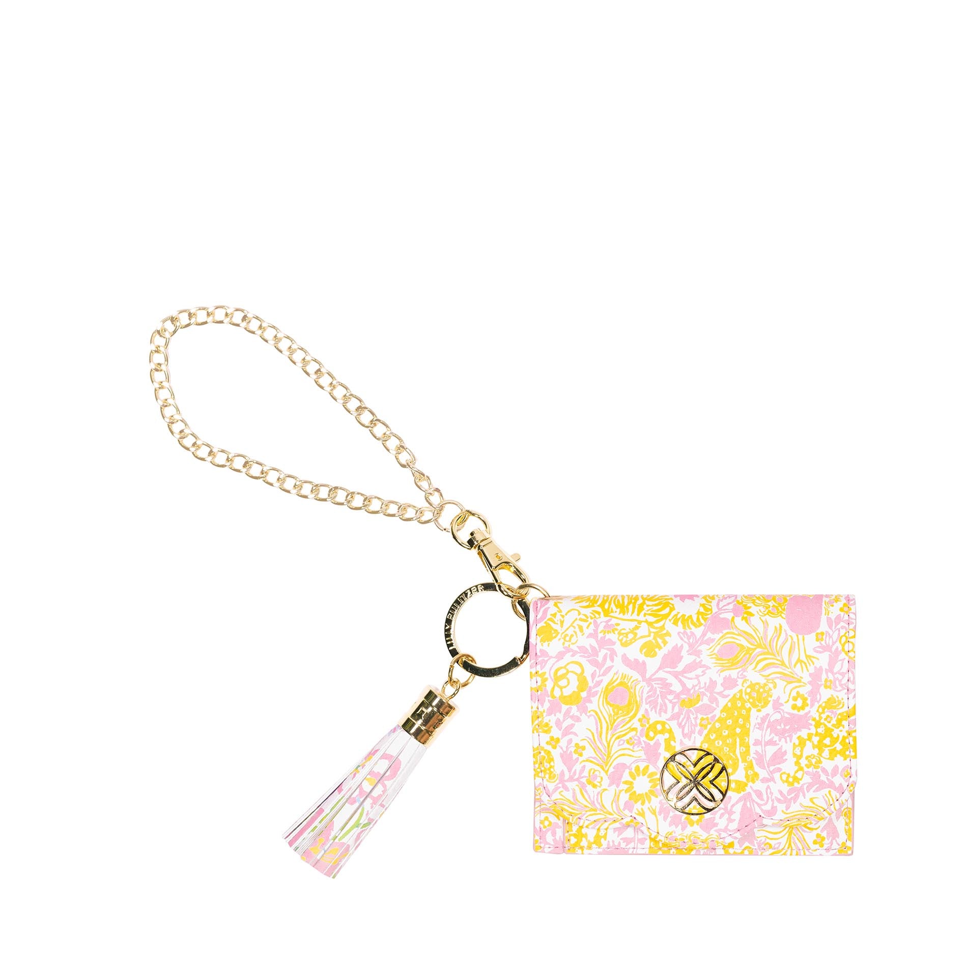 Keychain with floral design and tassel on a white background