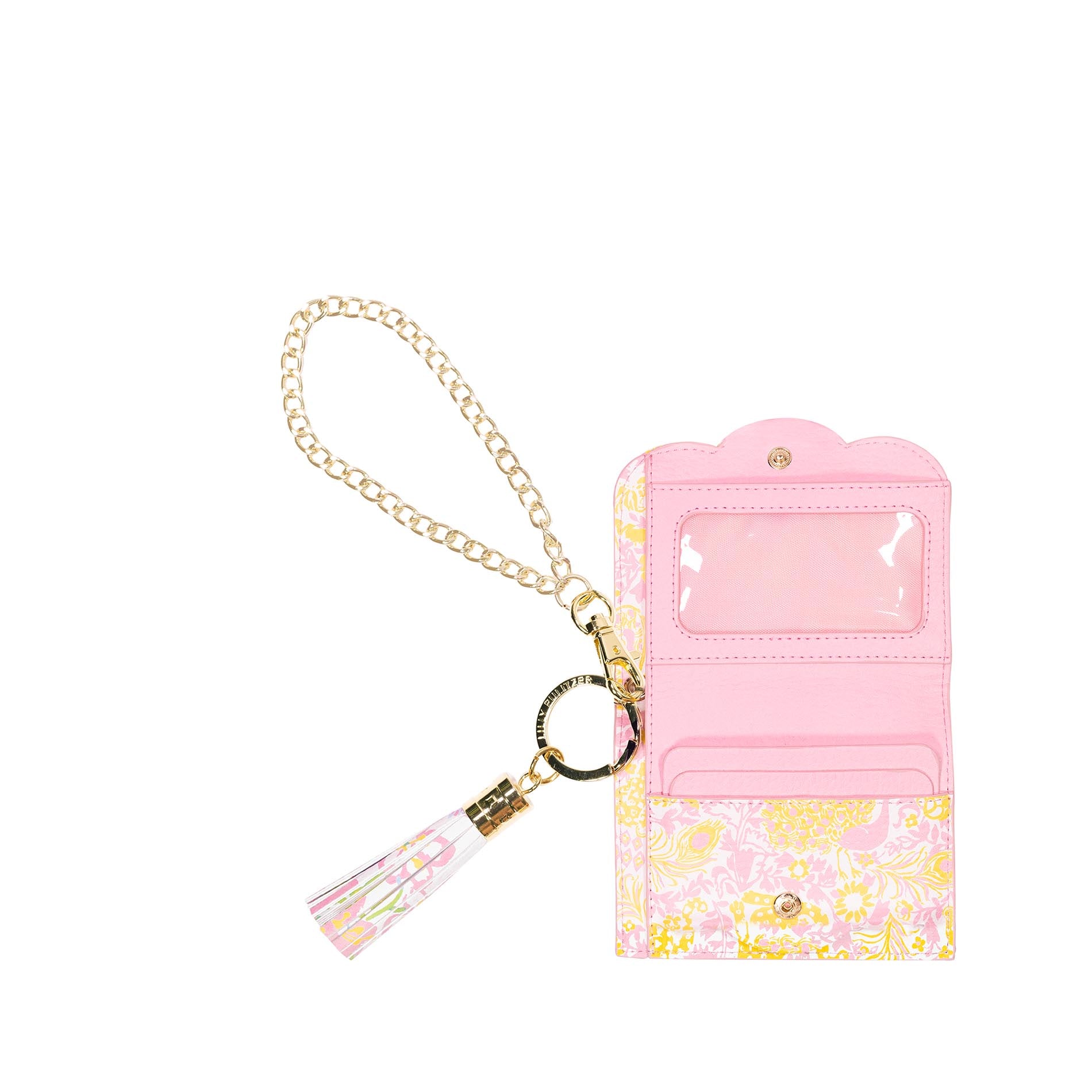 Pink floral wallet with chain and keychain on a white background