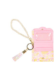 Pink floral wallet with chain and keychain on a white background