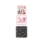 Three square decorative tins arranged vertically on a white background. The top coaster has a vintage Christmas design with Santa, pine trees, and the text 'Merry Christmas'.