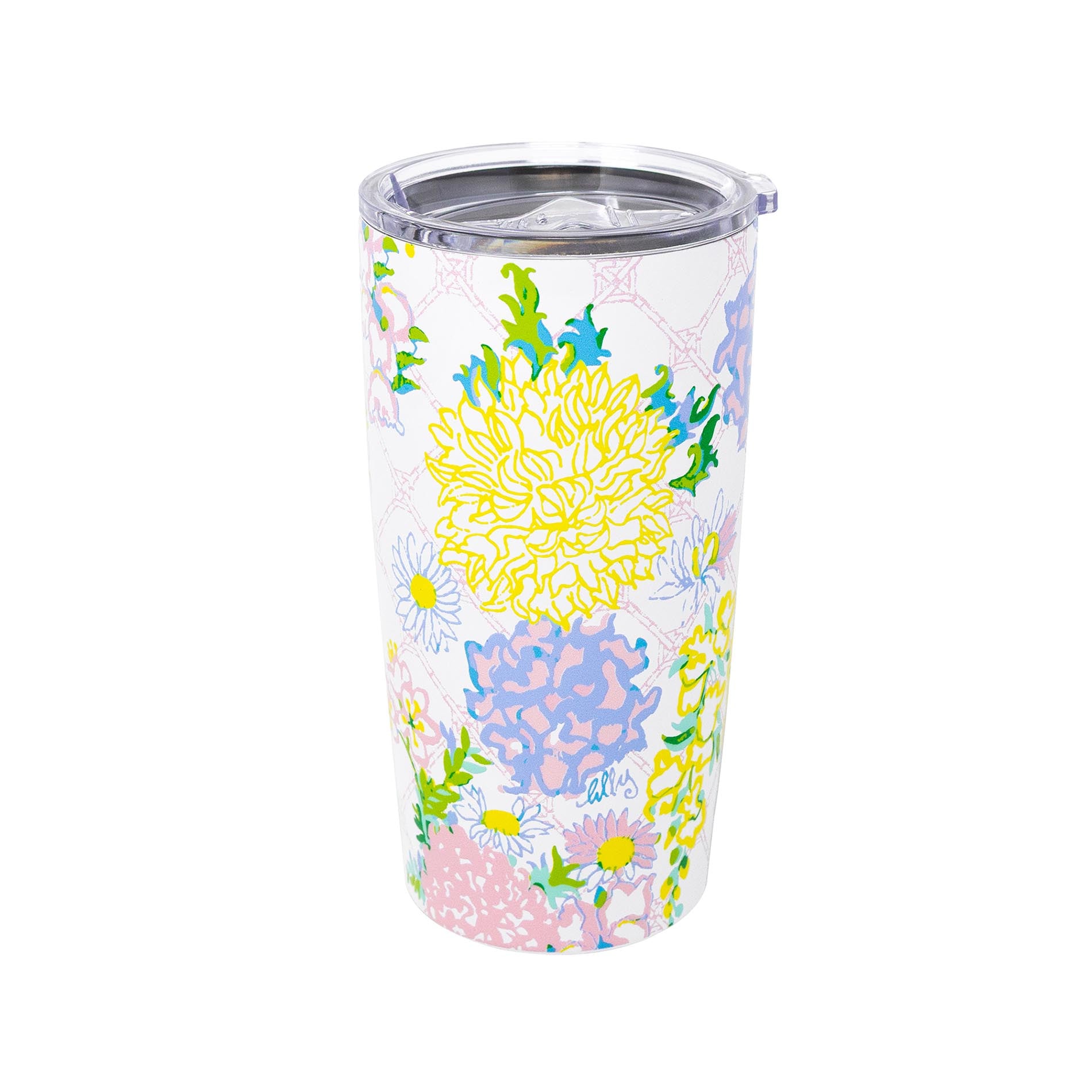 Tumbler with floral design on a white background