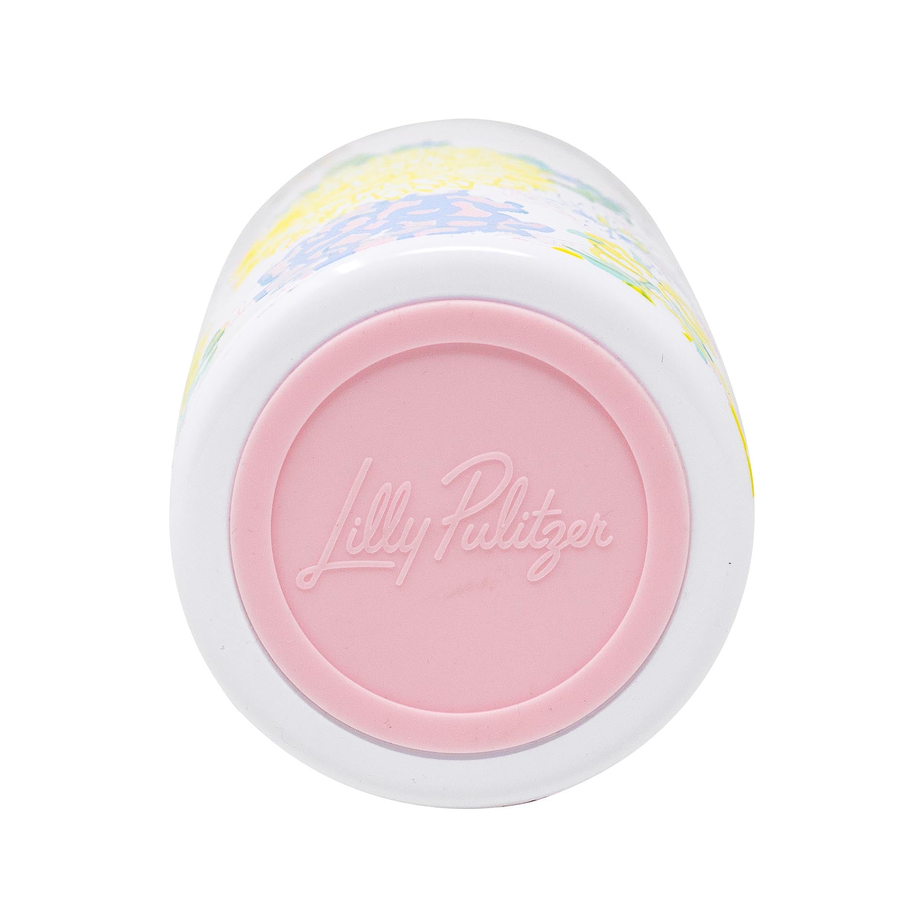 Bottom of tumbler featuring 'Lilly Pulitzer' on a white background