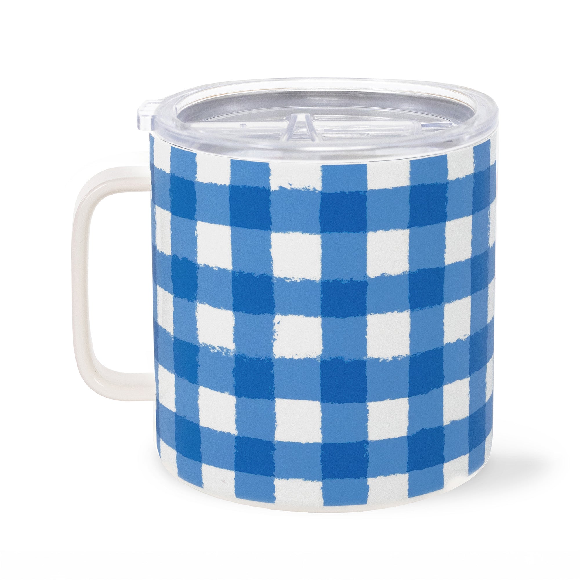blue and white gingham stainless steel coffee mug