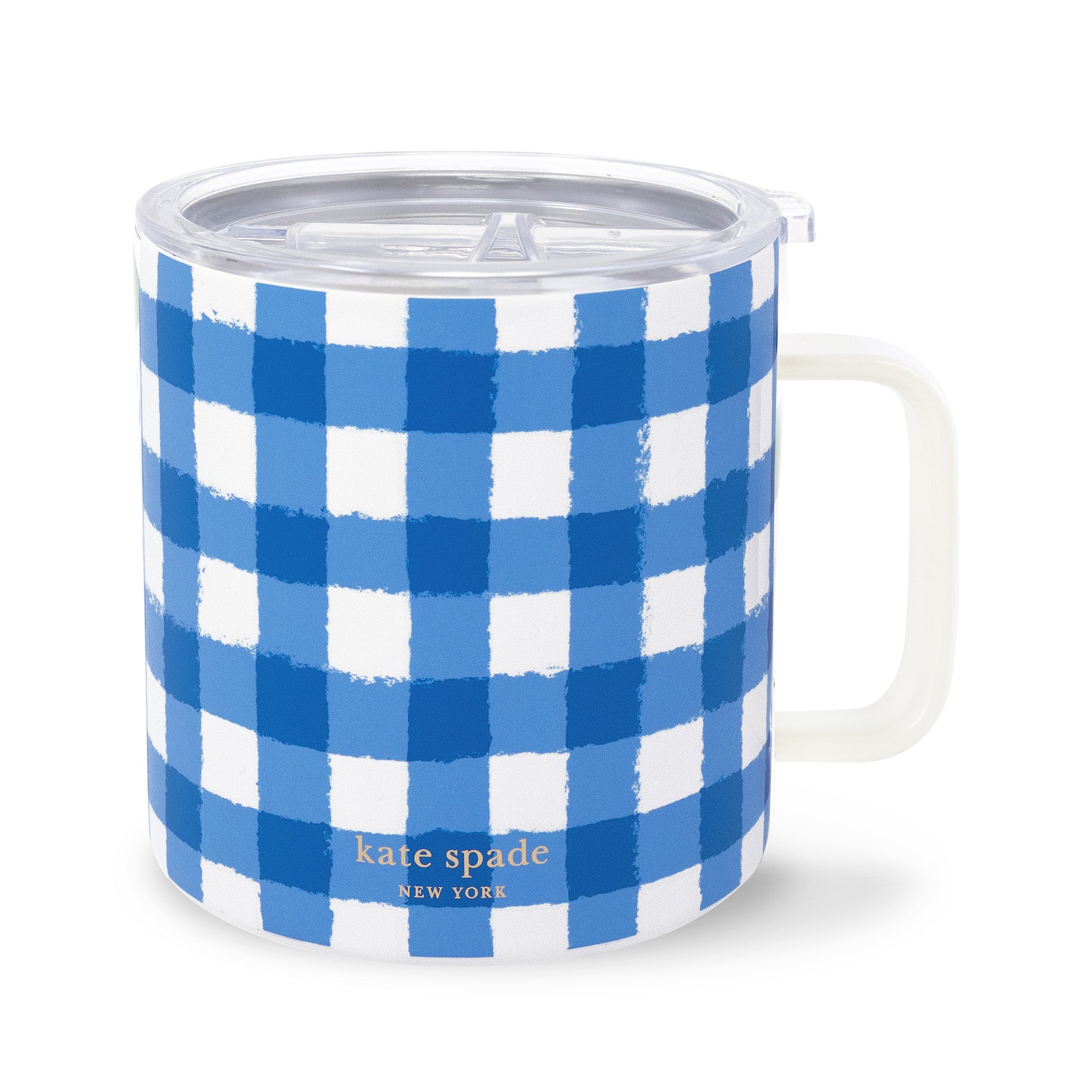 back view of blue and white gingham stainless steel coffee mug