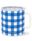 back view of blue and white gingham stainless steel coffee mug