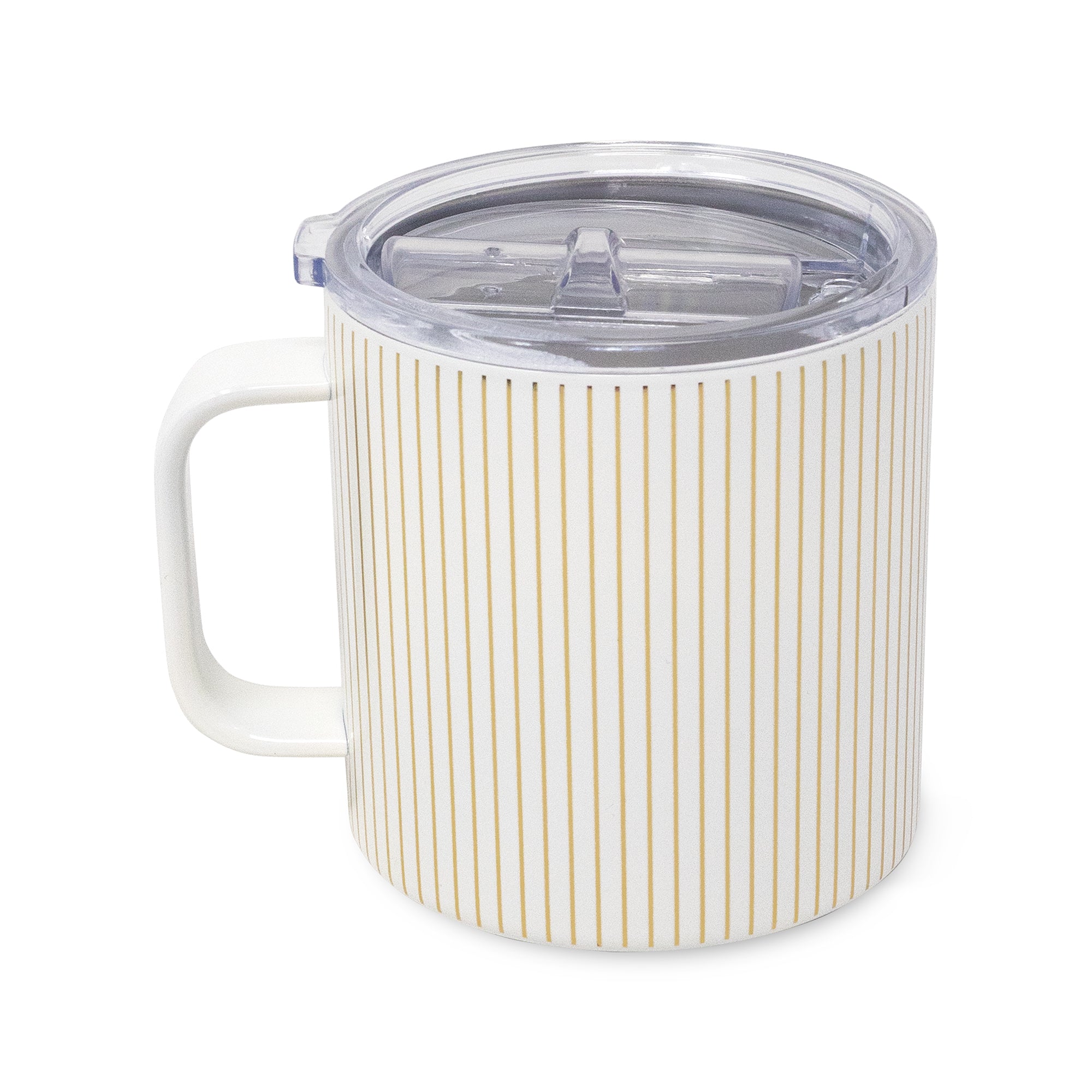 A white mug with vertical gold stripes and a clear plastic lid, shown on a plain white background.