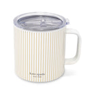 A Kate Spade New York mug with a white handle, featuring a cream and gold vertical stripe pattern, a clear plastic lid, and the brand name printed near the bottom.