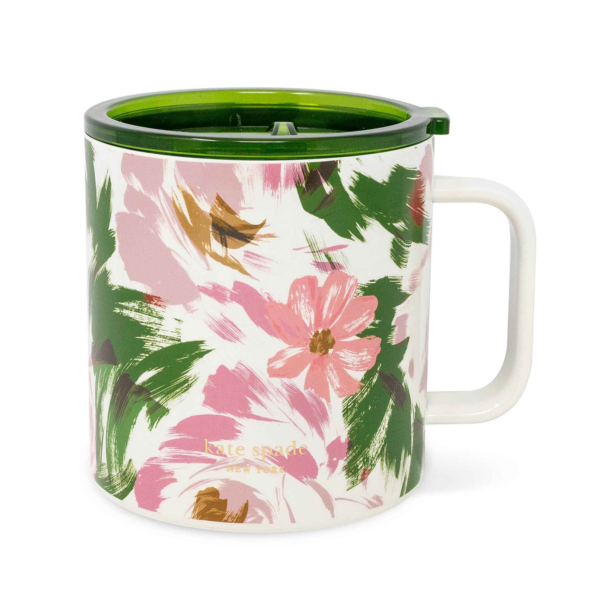 Floral mug with pink flowers and green leaves on a white background