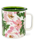 Floral mug with pink flowers and green leaves on a white background