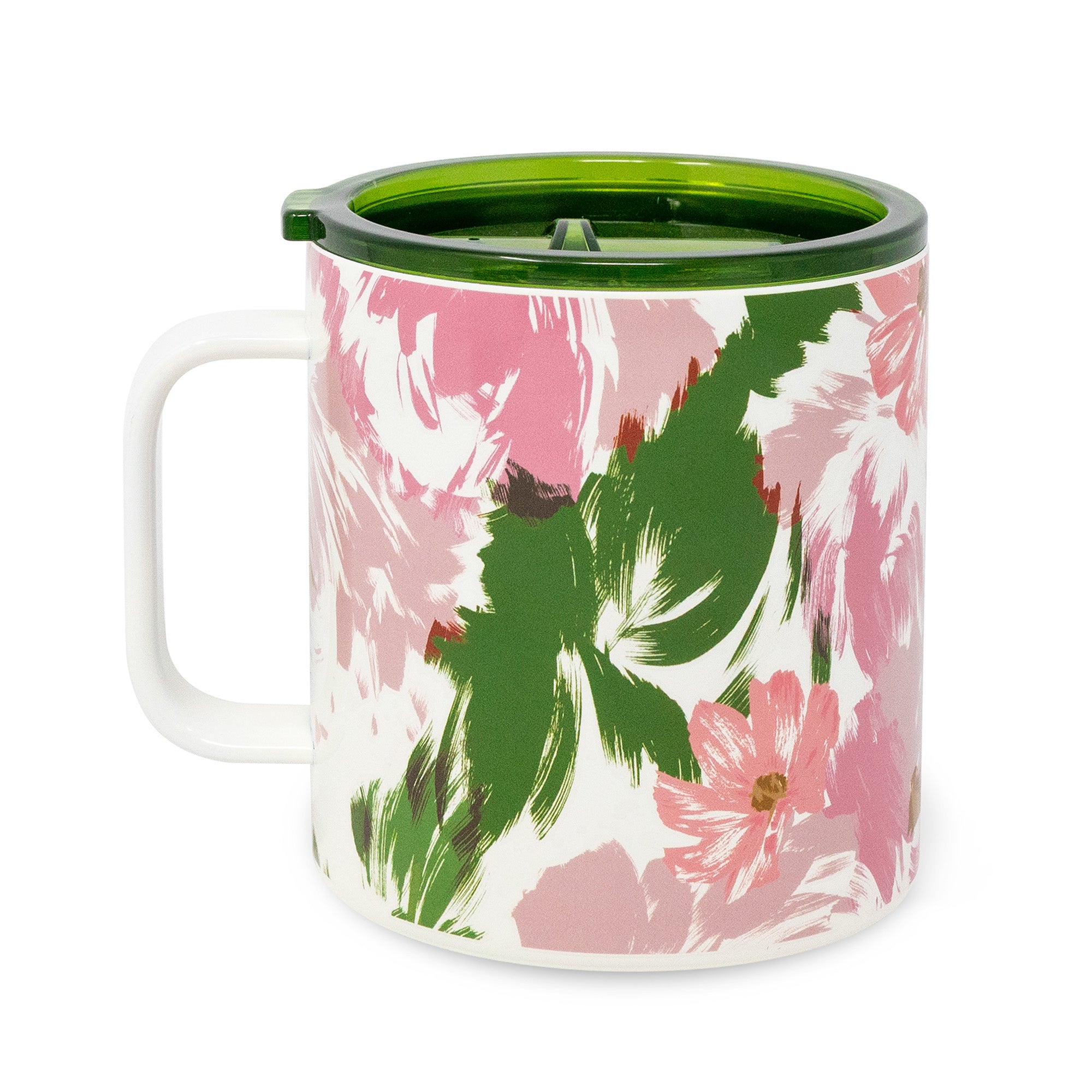Floral-patterned mug with green interior on a white background