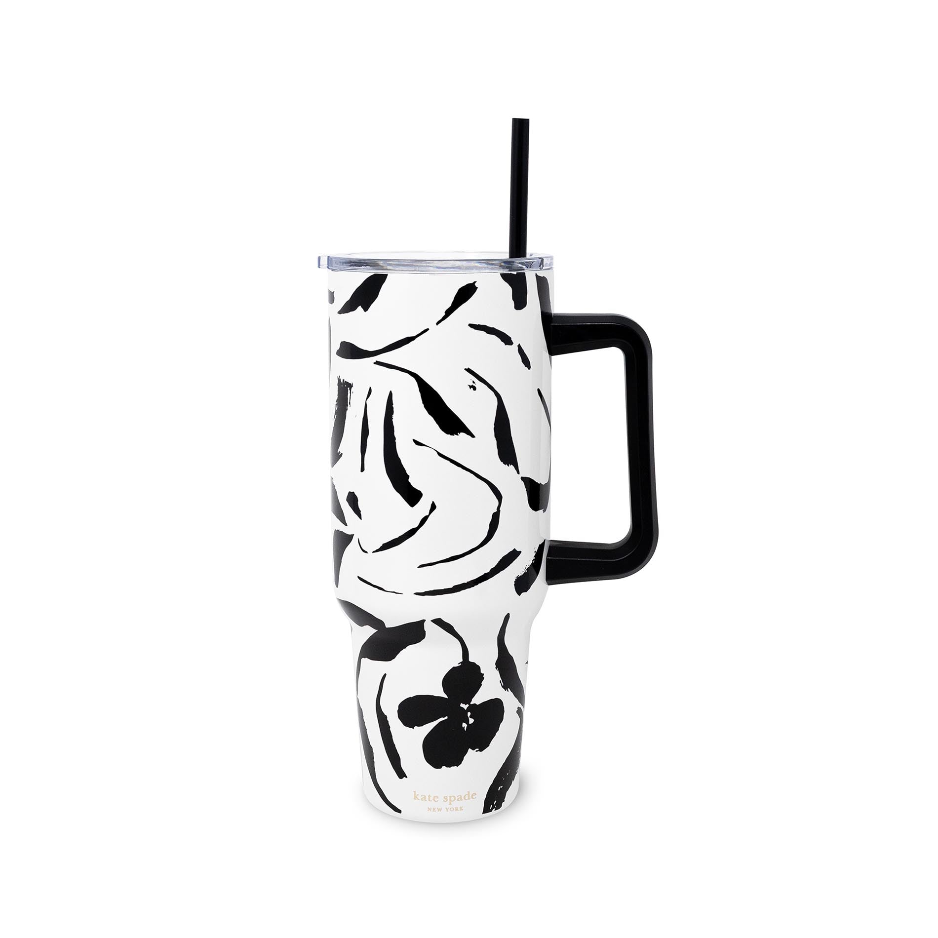 Black and white floral-patterned tumbler with a handle on a white background