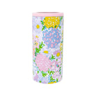 Floral-patterned cylindrical container with a pink lid on a white background
