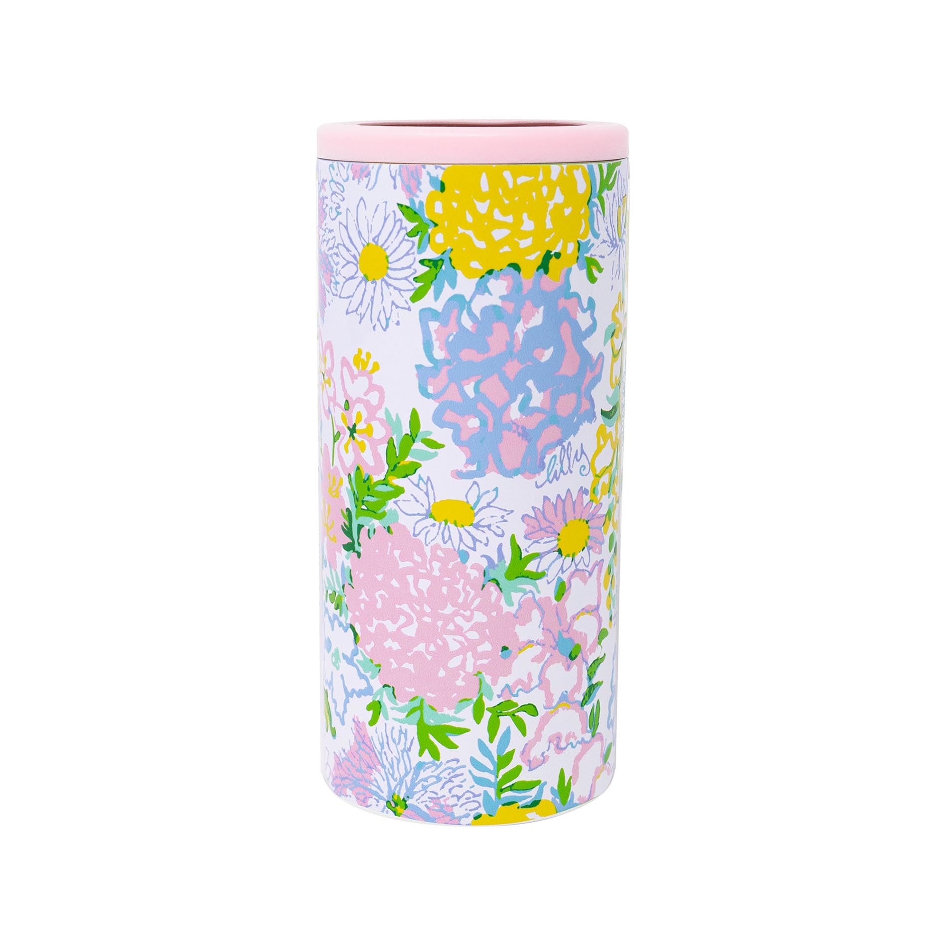 Floral-patterned cylindrical container with a pink lid on a white background
