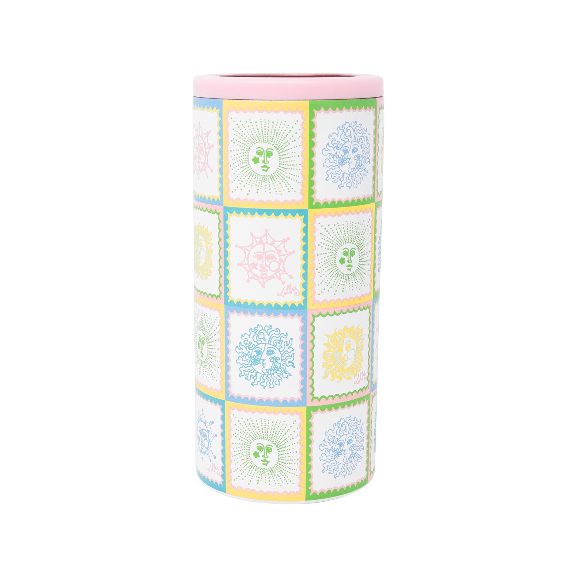 Cylindrical container with colorful patchwork design on a white background