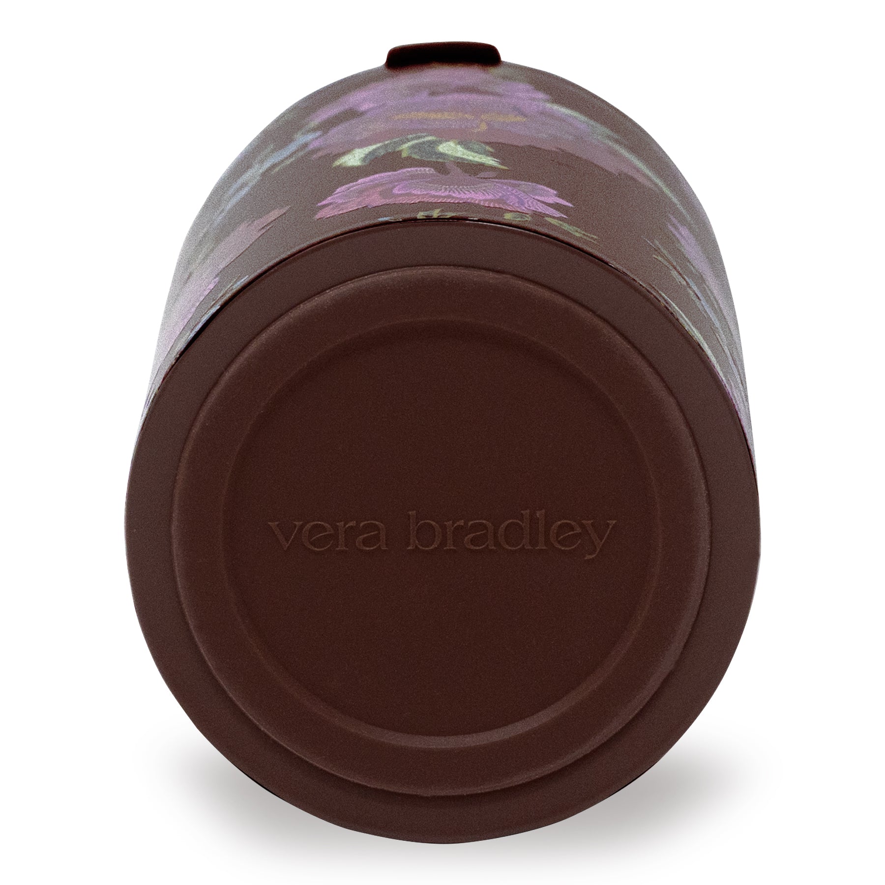 Vera Bradley travel mug with floral pattern and brown lid on a white background