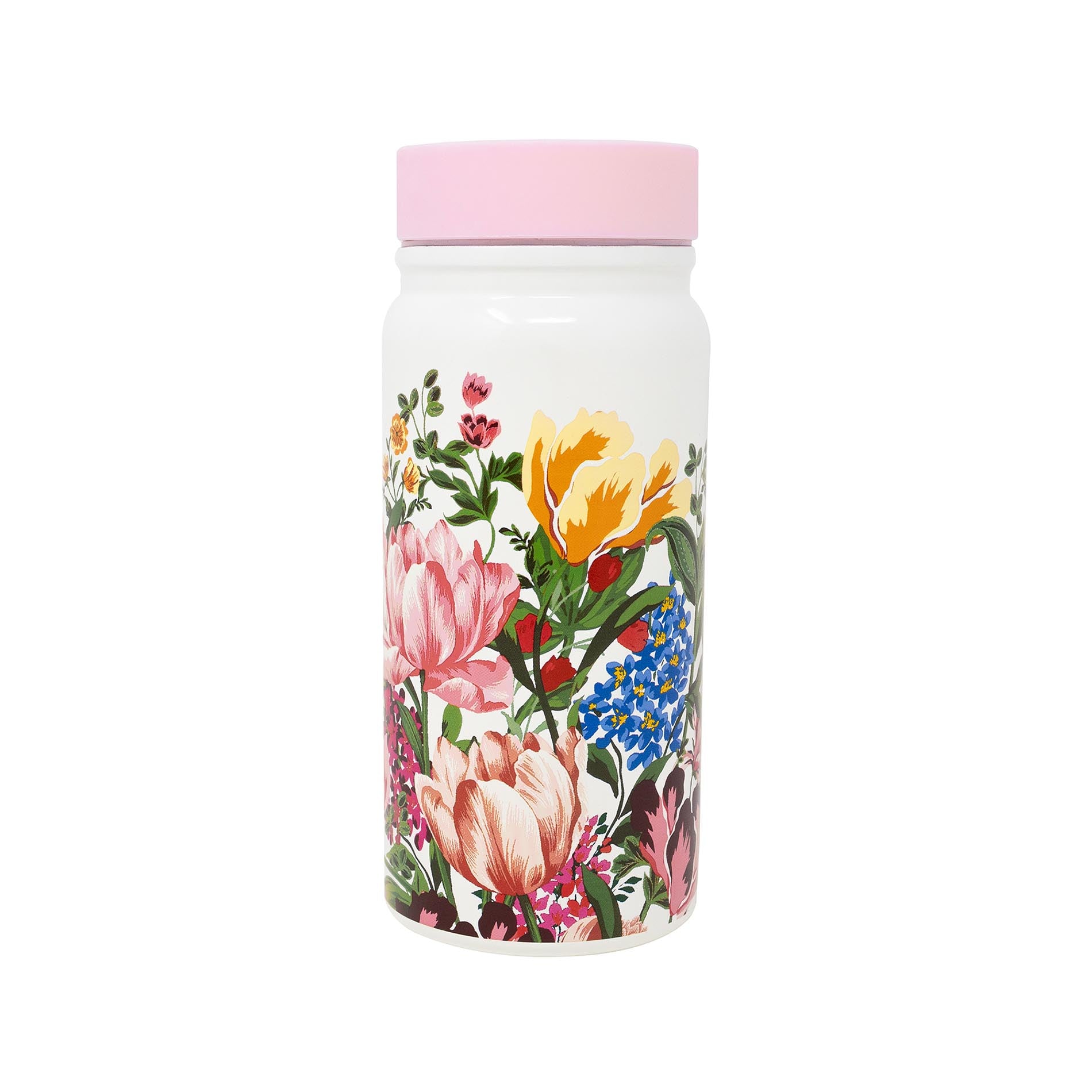 Floral-patterned water bottle with a pink lid on a white background