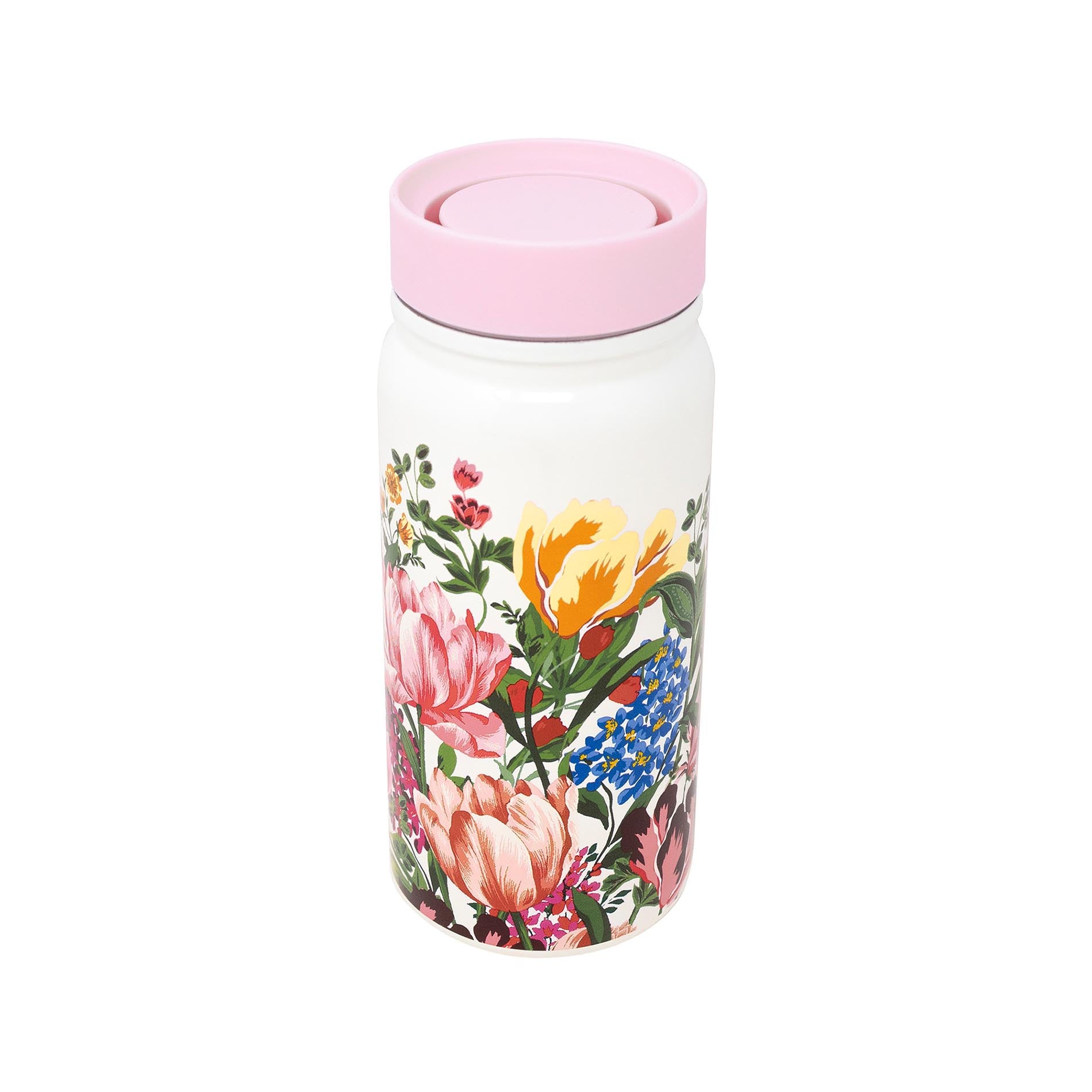 Top view of floral-patterned water bottle with a pink lid on a white background