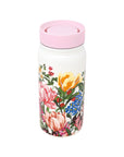 Top view of floral-patterned water bottle with a pink lid on a white background