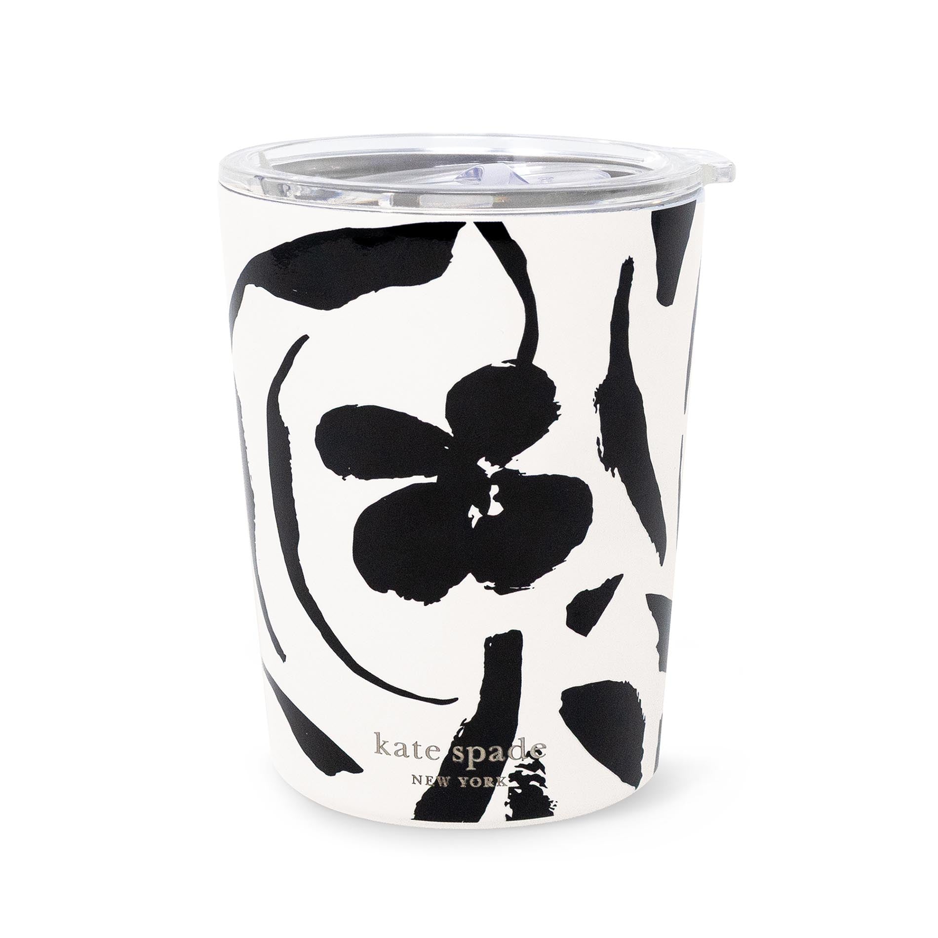 Black floral-patterned tumbler with clear lid on a white background