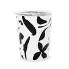 Tumbler with black abstract leaf pattern on a white background