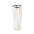 A tall, slim travel tumbler with a white body featuring vertical gold stripes, a clear plastic lid, and a small flip-top straw insert, shown on a plain white background.