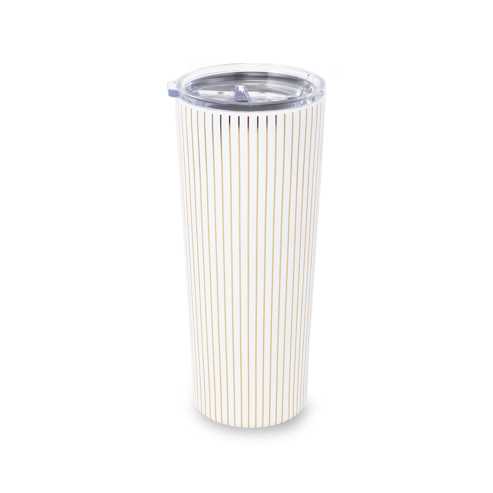 A tall, slim travel tumbler with a white body featuring vertical gold stripes, a clear plastic lid, and a small flip-top straw insert, shown on a plain white background.